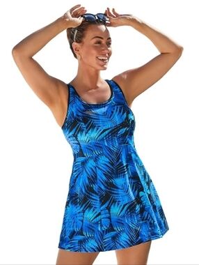 Swimsuits For All Tank Swim Dress Blue Electric Palm Size 12 NWT